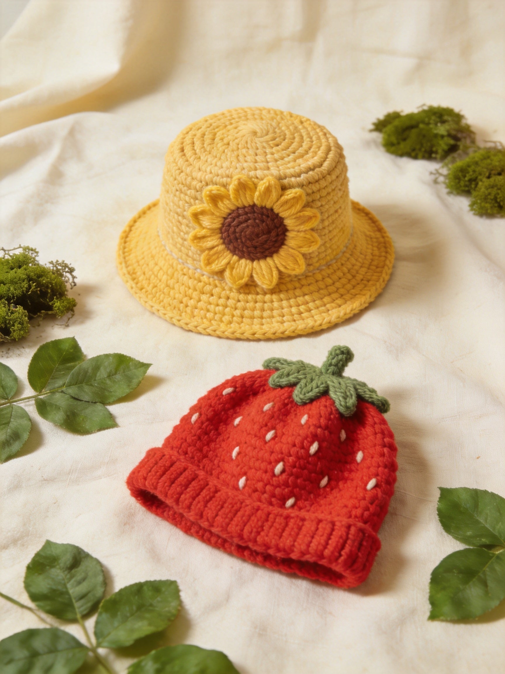 Knotwild floral and fruit crochet hats