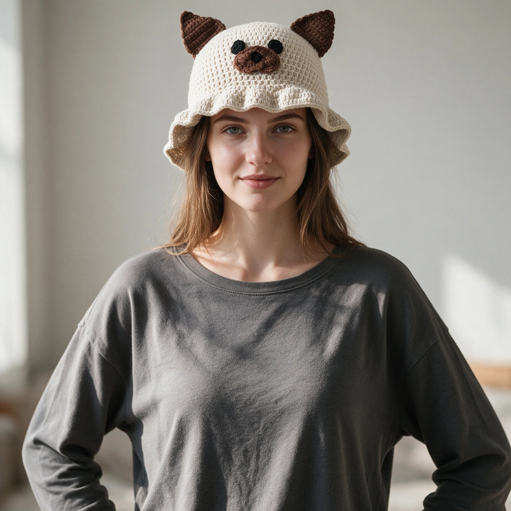 Knotwild handmade crochet dog bucket hat with ruffled brim