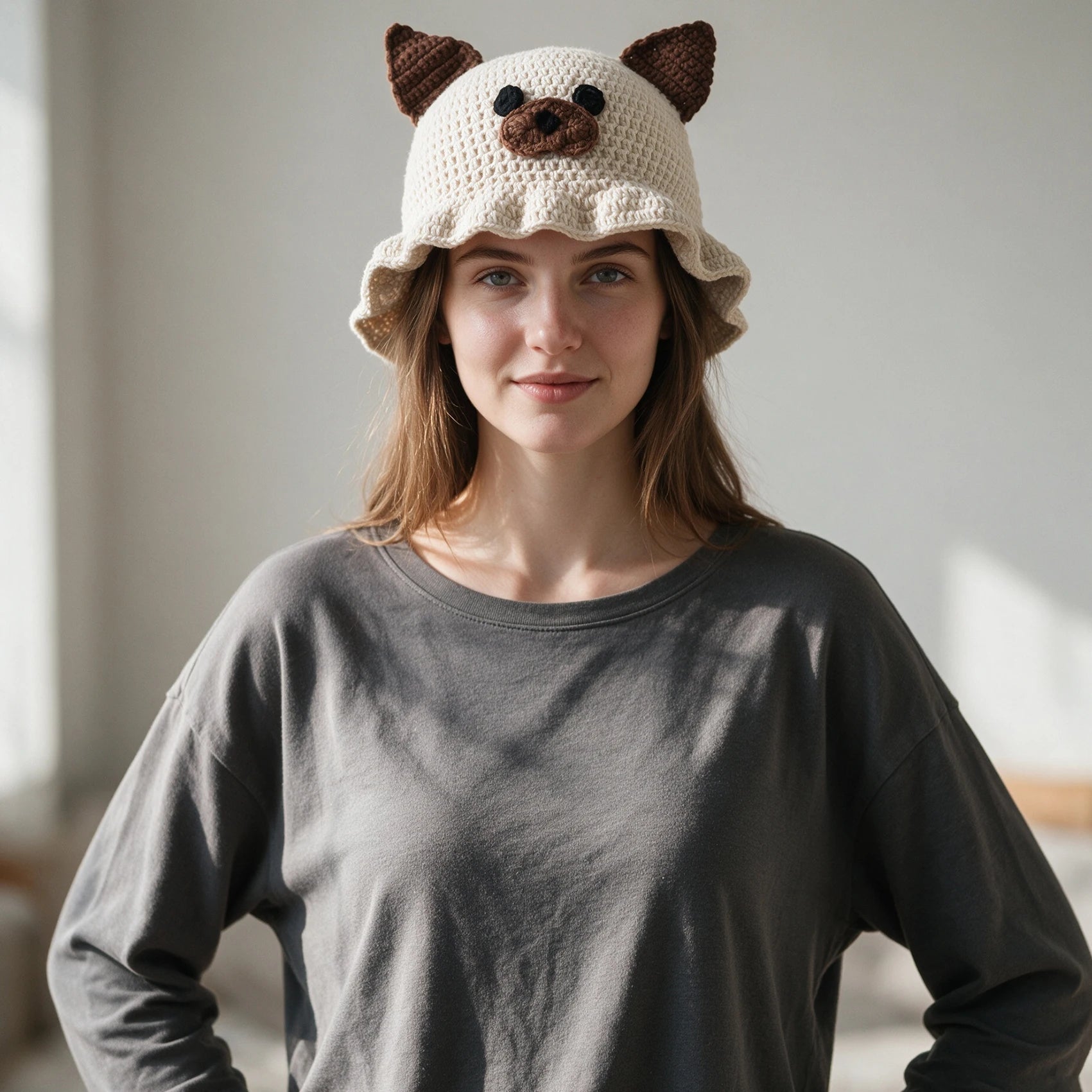 Knotwild handmade crochet dog bucket hat with ruffled brim