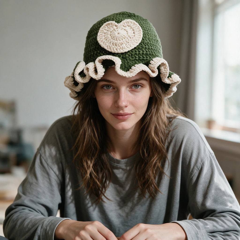 Knotwild cute heart patch crochet bucket hat with ruffle edge