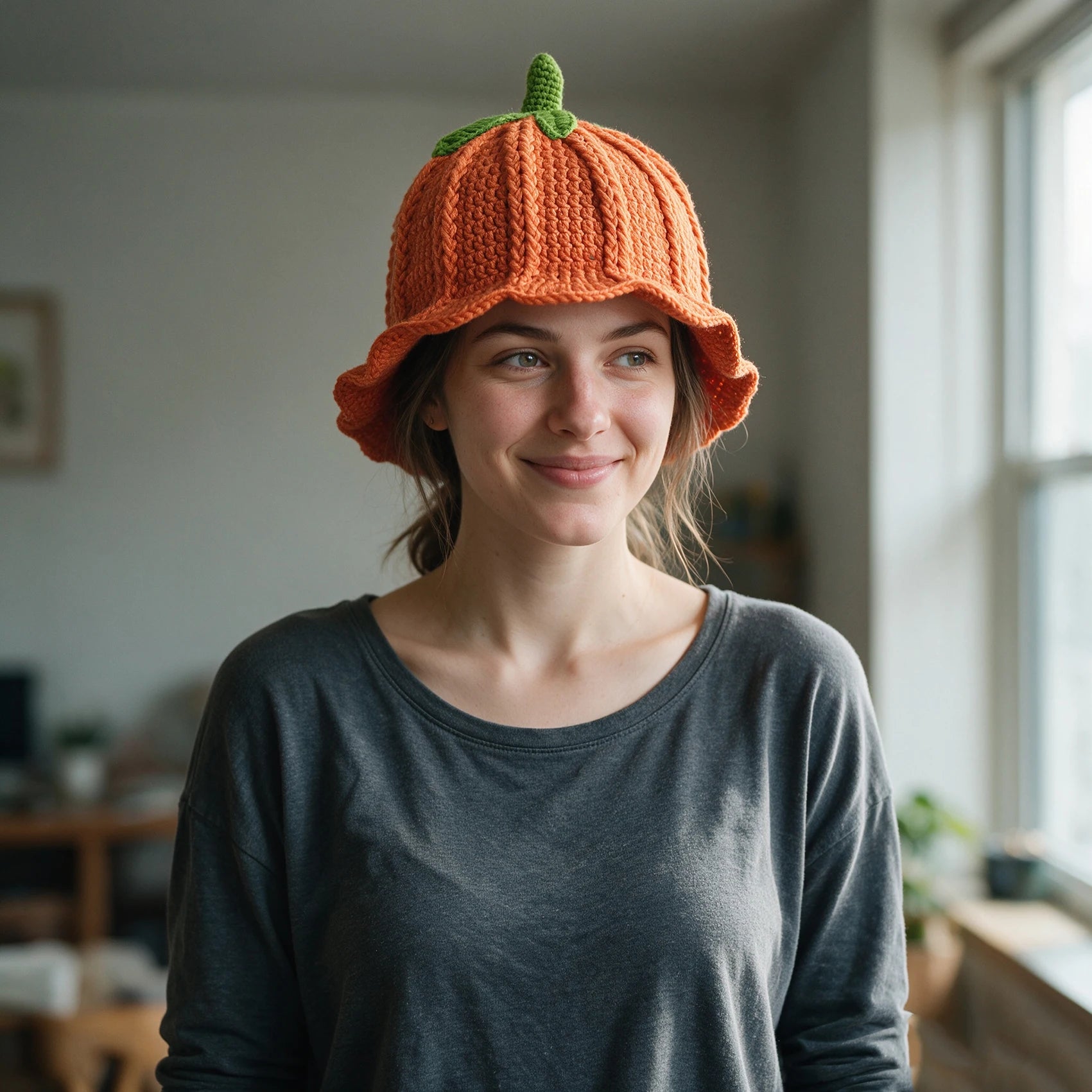 Knotwild hand-crocheted persimmon-colored ruffled bucket hat