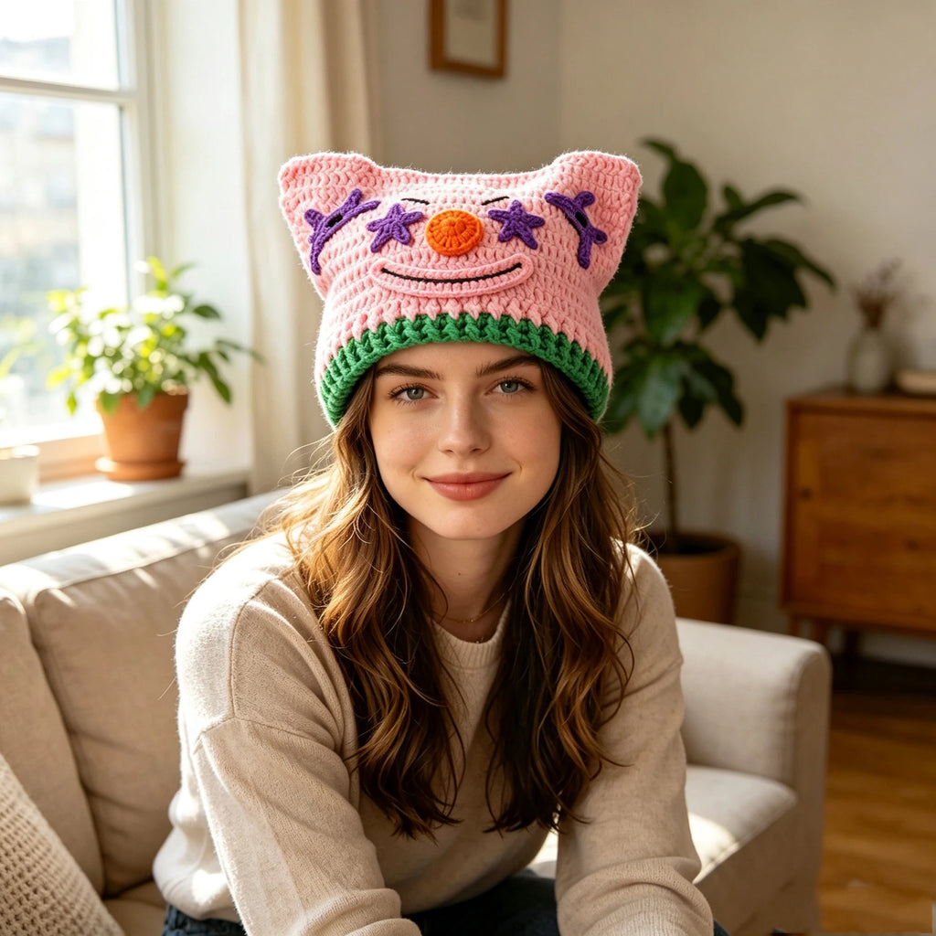 Knotwild pink handmade crochet clown knit beanie for women