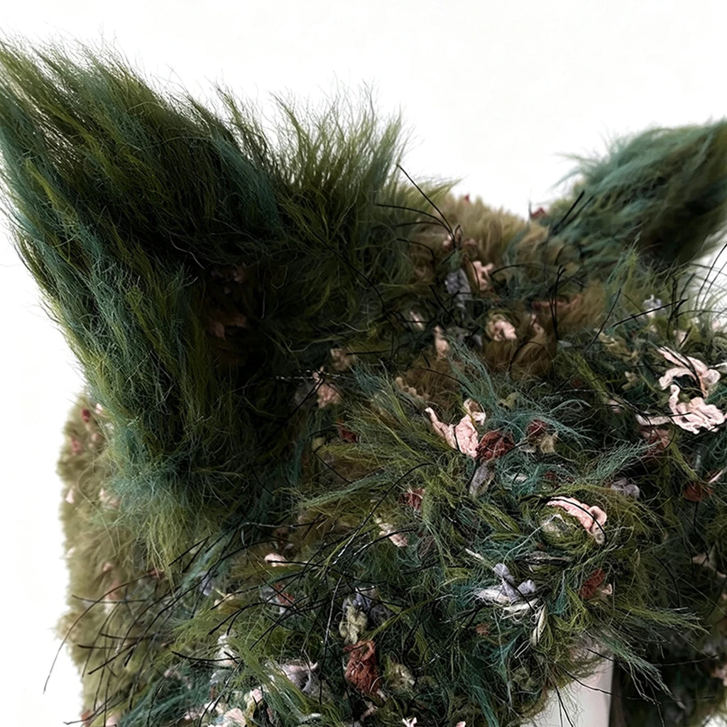 Custom Handmade Crochet Moss Green Fox Ear Hat Women Plush Floral Knitted Beanie Men Goblincore Cosplay Forest Winter Warm Hood