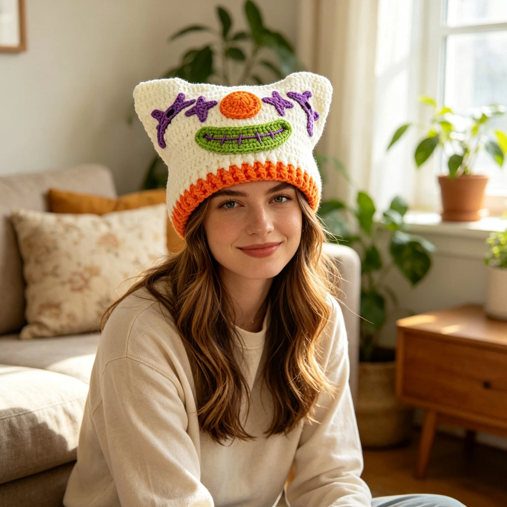 Knotwild white handmade crochet clown cat ear beanie