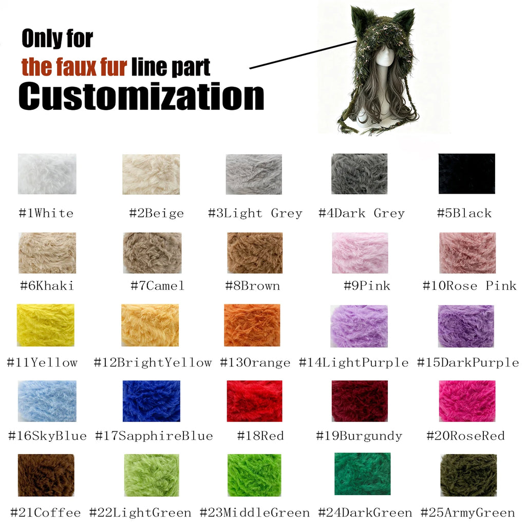 Custom Handmade Crochet Moss Green Fox Ear Hat Women Plush Floral Knitted Beanie Men Goblincore Cosplay Forest Winter Warm Hood