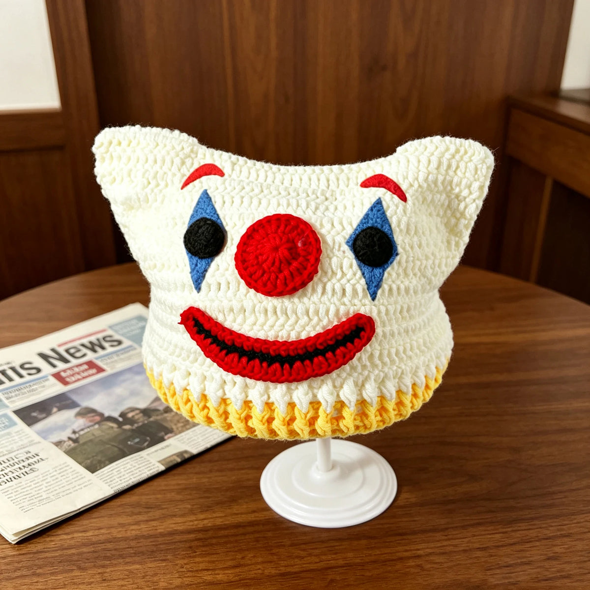 Knotwild white handmade crochet clown cat ear beanie