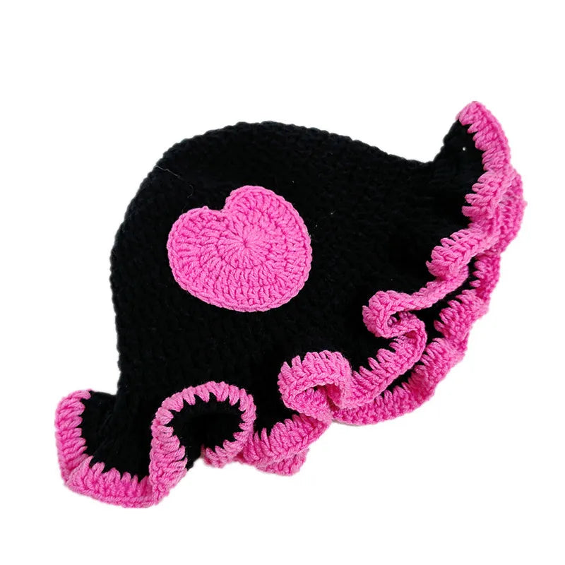 Knotwild cute heart patch crochet bucket hat with ruffle edge