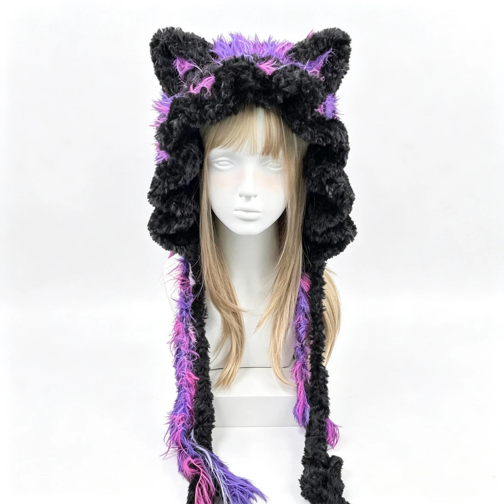 Handmade Crochet Black Purple Cat Ear Hat Men Fuzzy Tassels Knit Winter Warm Hood Goth Halloween Cosplay Beanie Women Custom