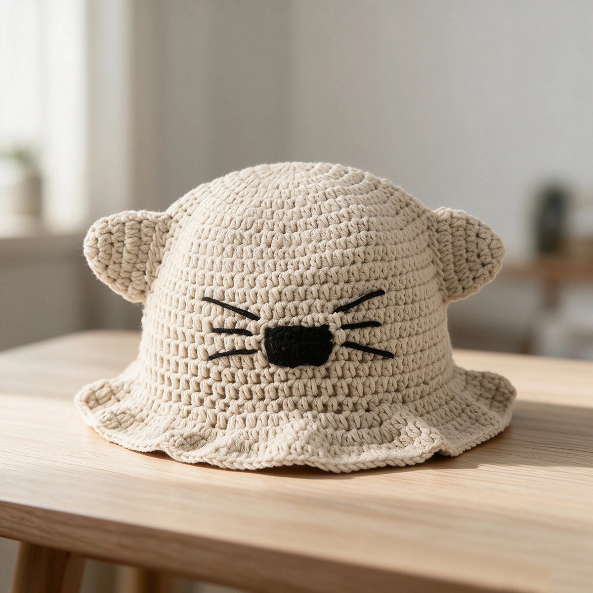 Knotwild kawaii cat ear crochet bucket hat with whisker detail