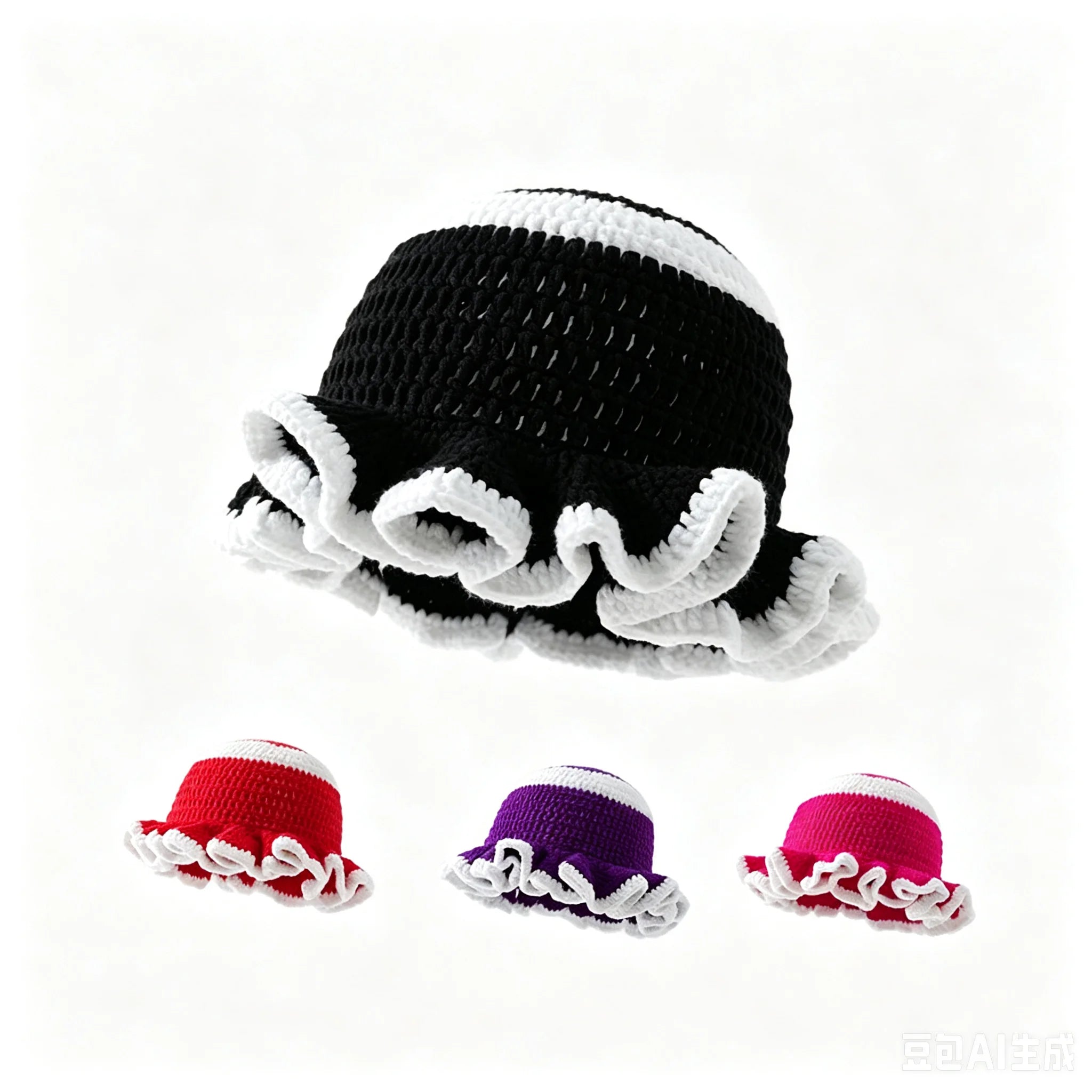 Knotwild two-tone ruffle crochet wide-brim folded bucket hat