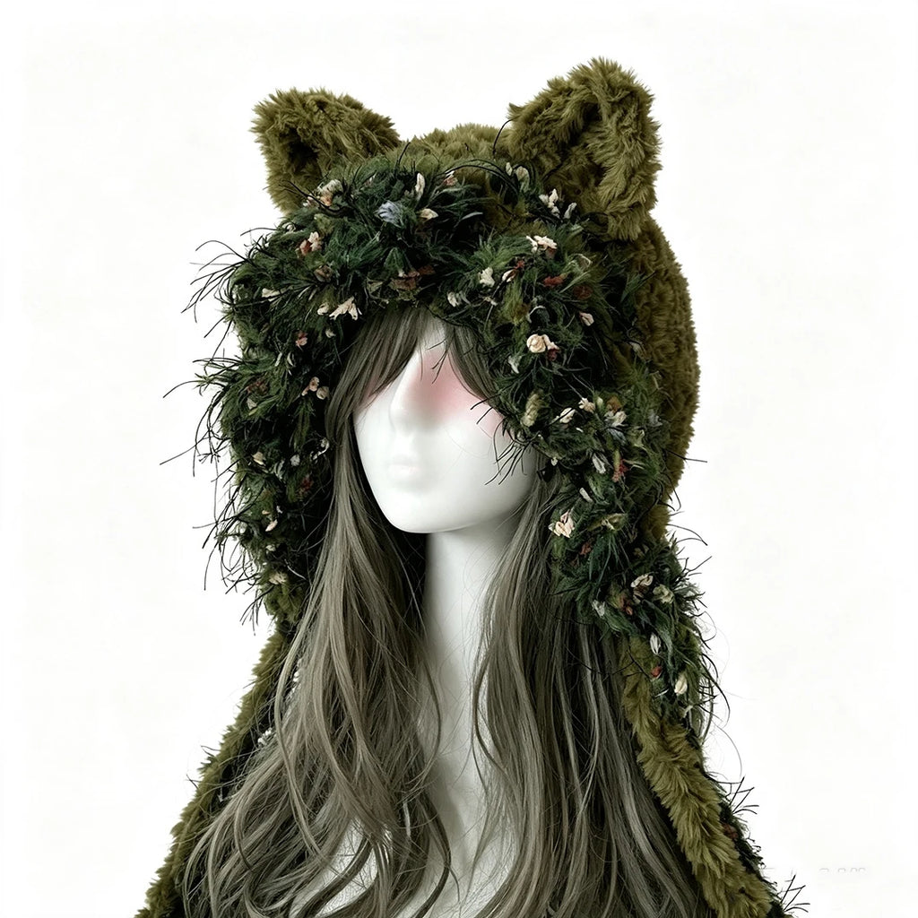 Custom Handmade Crochet Moss Green Cat Ear Plush Woodland Hat Women Fuzzy Soft Knitted Beanie Man Forest Cosplay Winter Hood