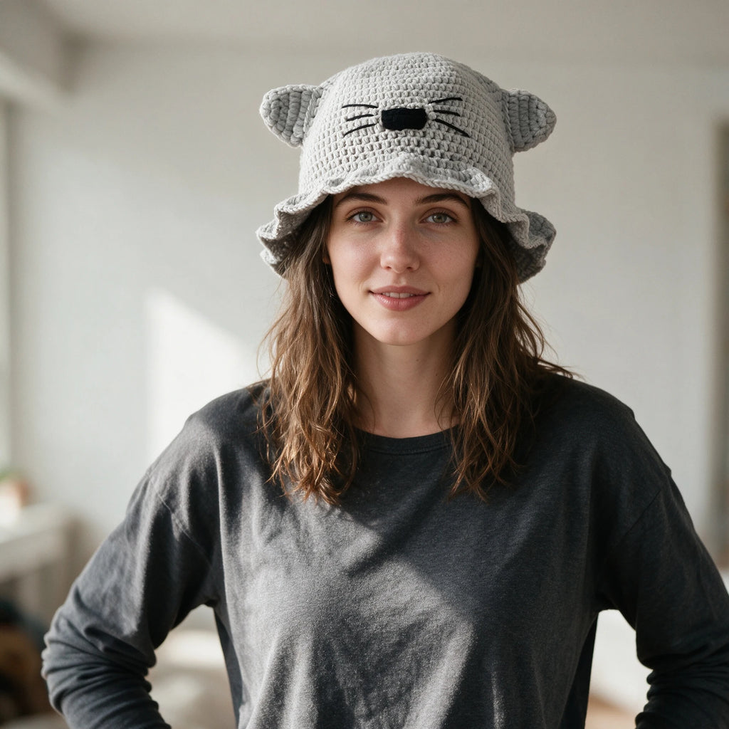 Knotwild kawaii cat ear crochet bucket hat with whisker detail