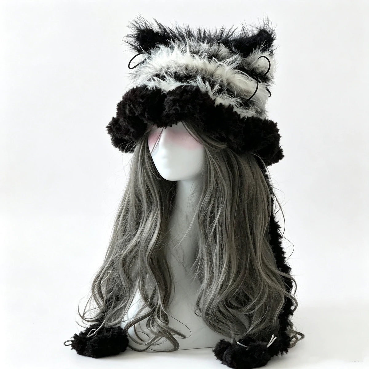 Handmade Striped Crochet Cat Ear Hat Women Black White Cozy Paw Knit Beanie Men Kawaii Goblincore Lolita Winter Warm Headwarmer