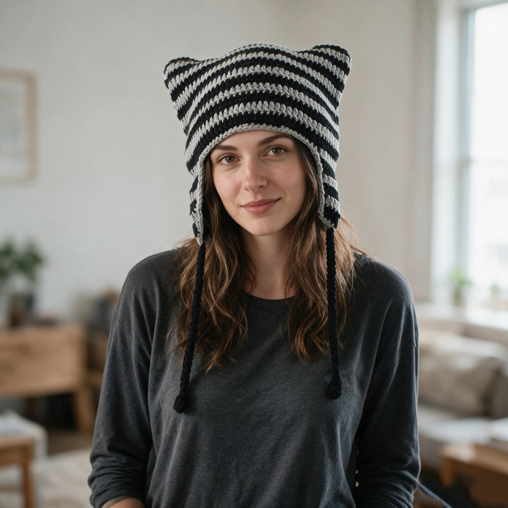 Knotwild striped cat ear crochet earflap winter beanie