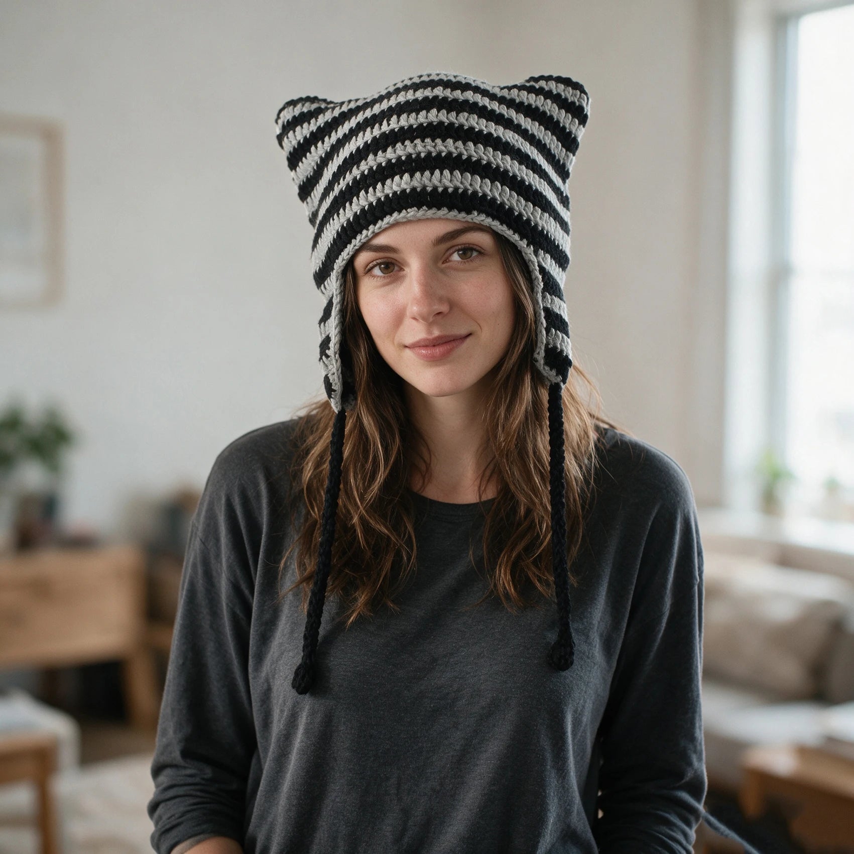 Knotwild striped cat ear crochet earflap winter beanie