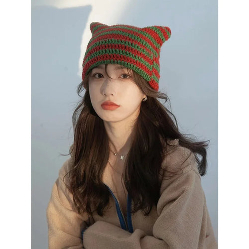 Knotwild warm cat ear striped punk Y2K crochet bucket hat