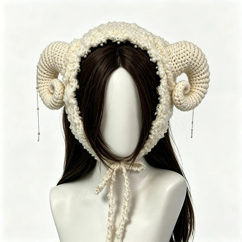 Handmade Beige Goat Cow Horned Hat Women Custom Crochet Plush Knitted Beanie Men Cosplay Kawaii Casual Winter Warm Cap Girls