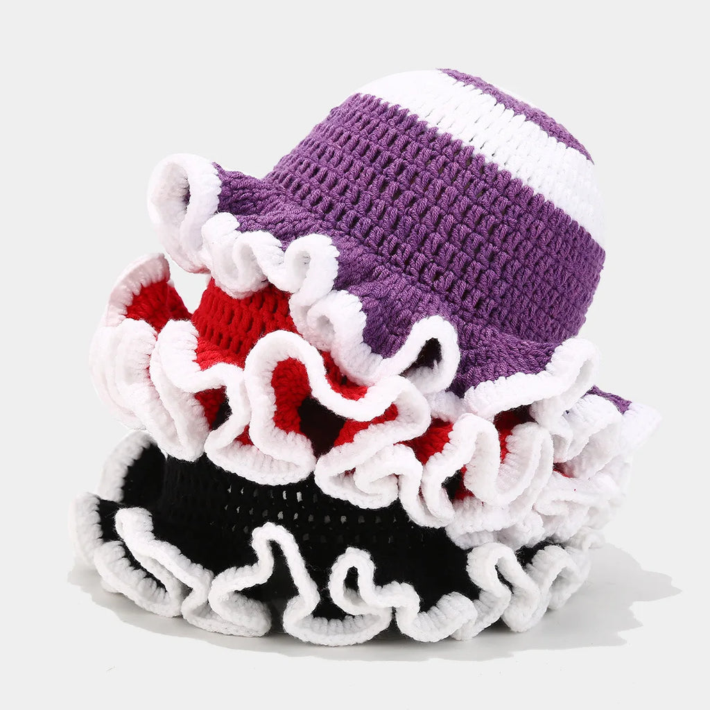 Knotwild two-tone ruffle crochet wide-brim folded bucket hat