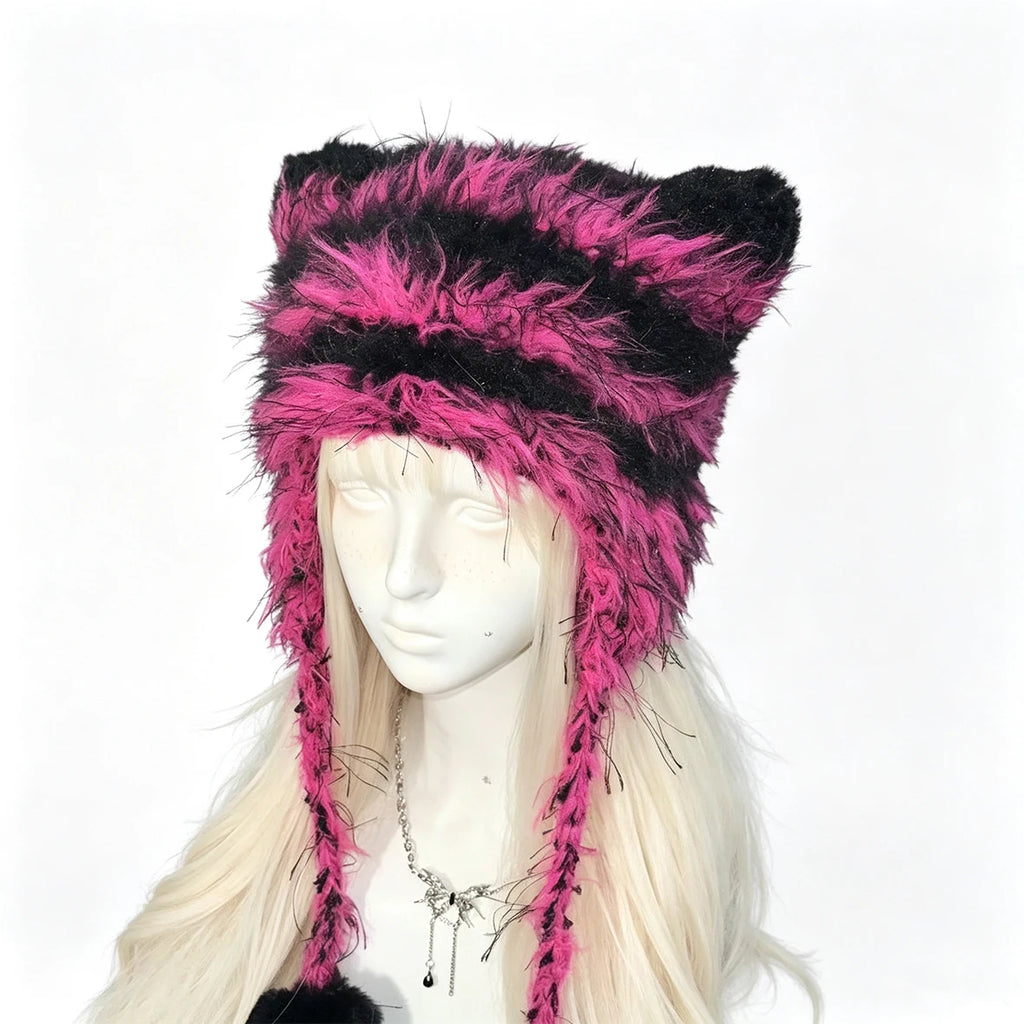 Custom Hand‑Crocheted Black Pink Cat Ear Beanie Women Fuzzy Pom Striped Knit Hat Men Winter Punk Grunge Goth Y2K Headwarmer