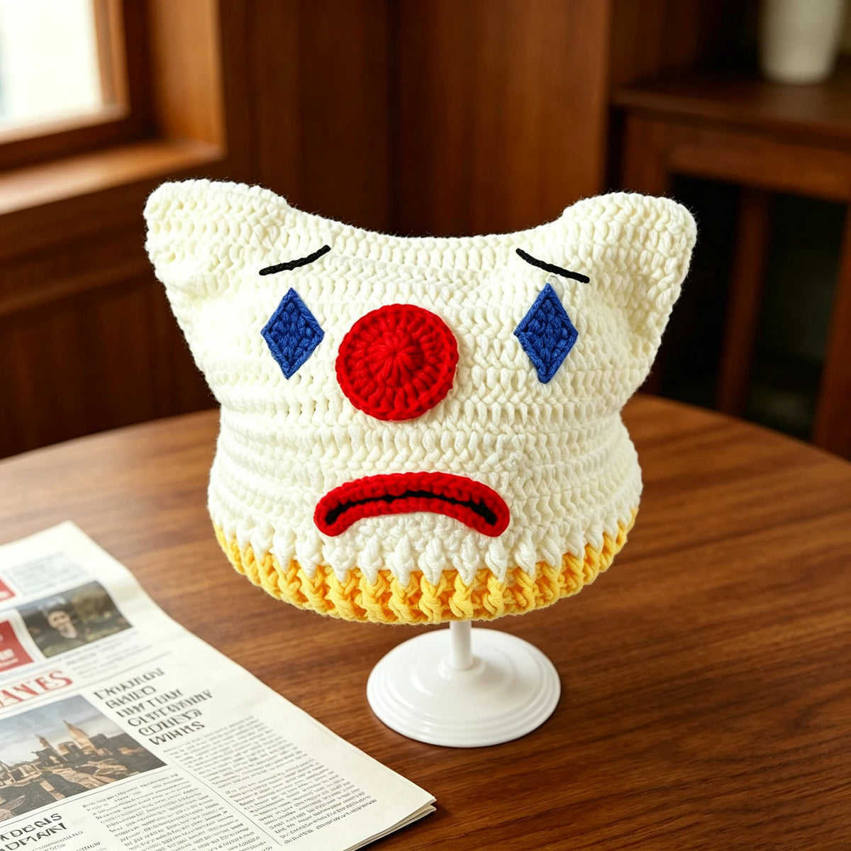 Knotwild white handmade crochet clown cat ear beanie