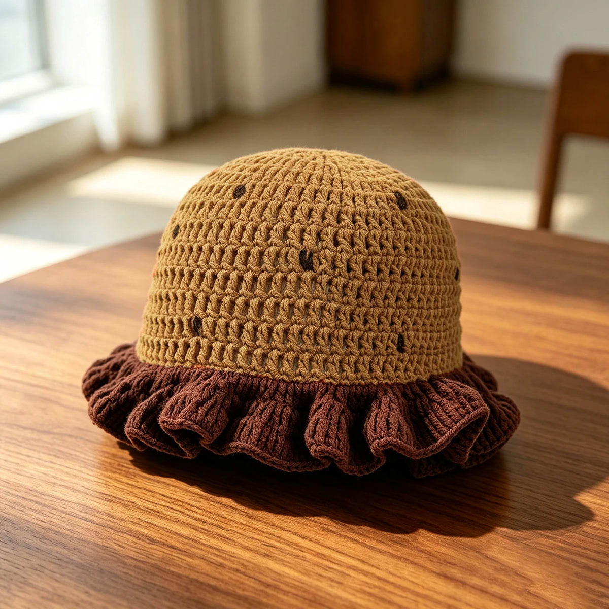 Knotwild watermelon pattern crochet bucket hat with ruffle brim