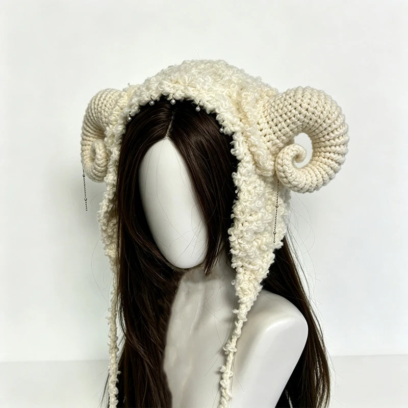 Handmade Beige Goat Cow Horned Hat Women Custom Crochet Plush Knitted Beanie Men Cosplay Kawaii Casual Winter Warm Cap Girls