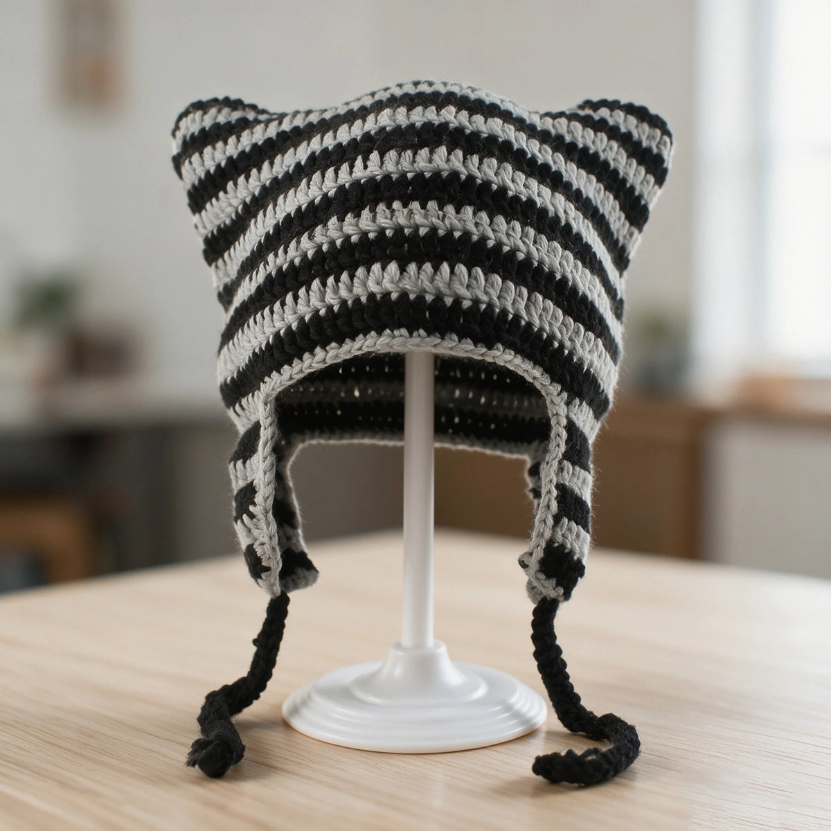 Knotwild striped cat ear crochet earflap winter beanie