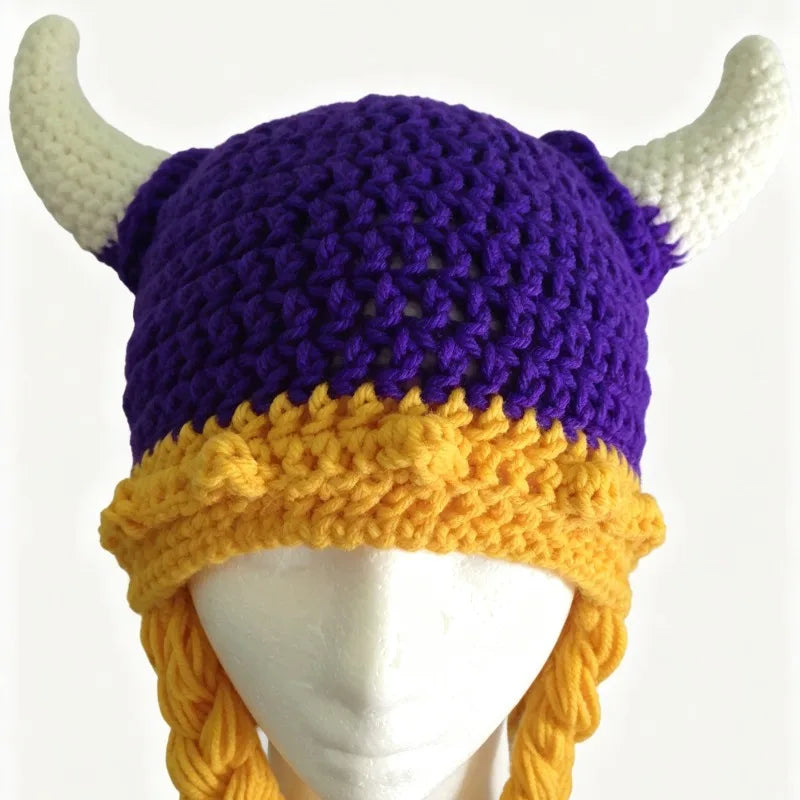 Handmade Colorful Viking Cow Horn Helmet Hat Men Custom Crochet Knit Braid Beanie Women Cosplay Party Unisex Outdoor Cap Boy