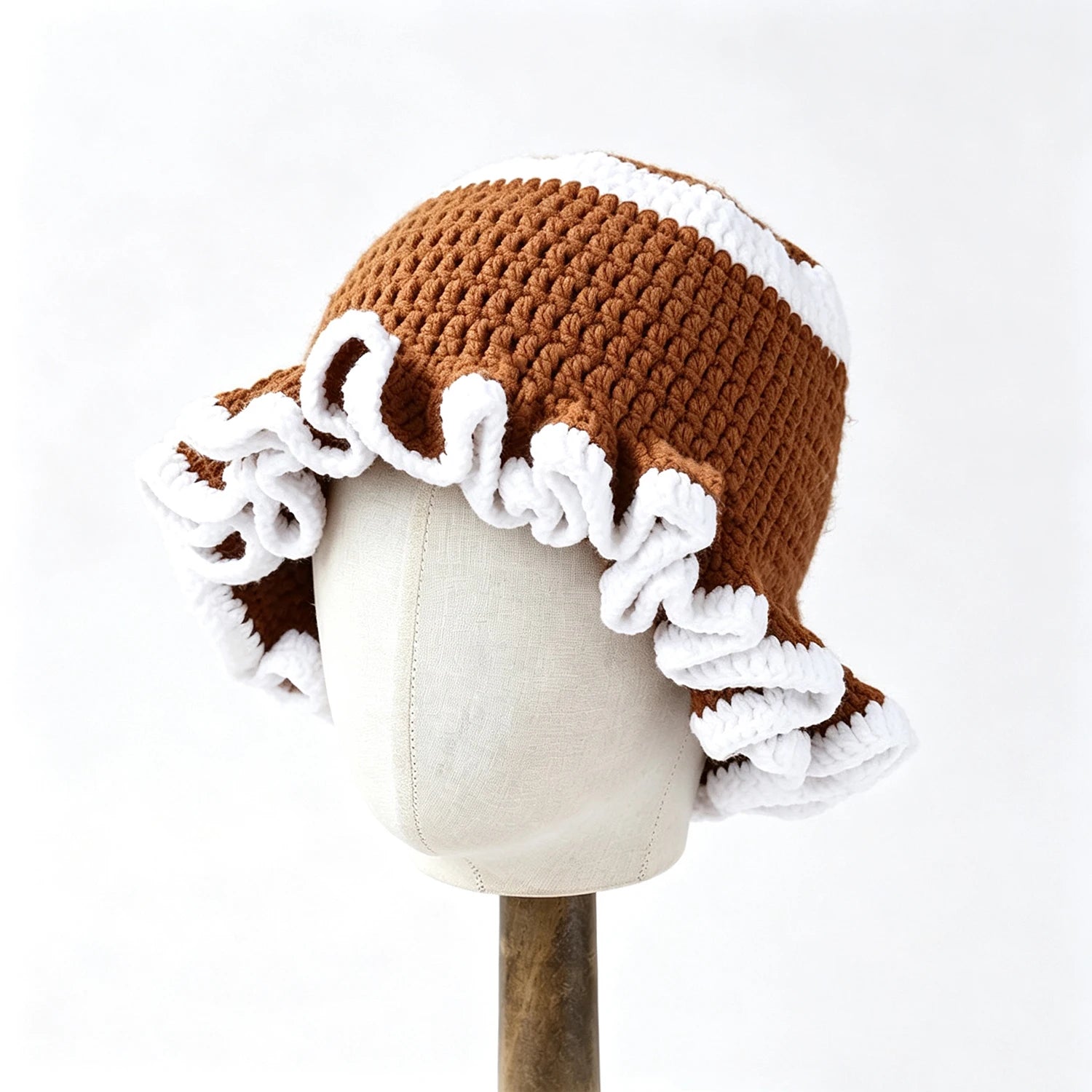 Knotwild two-tone ruffle crochet wide-brim folded bucket hat