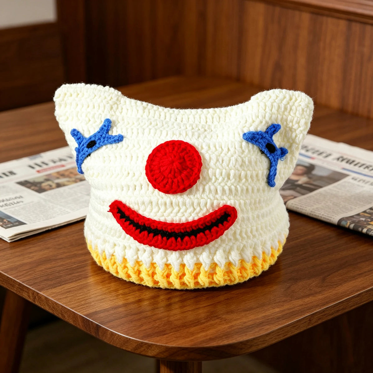 Knotwild white handmade crochet clown cat ear beanie