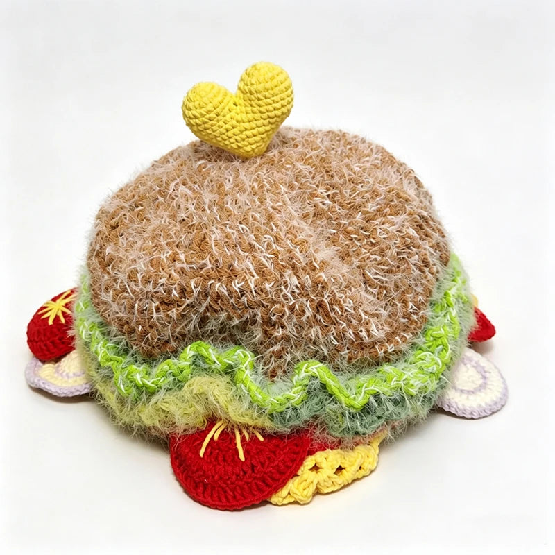 Handmade Hamburger Shaped Hat Women Custom Crochet Knit Heart Fast Food Beanie Men Funny Cosplay Kawaii Halloween Accessory Pets