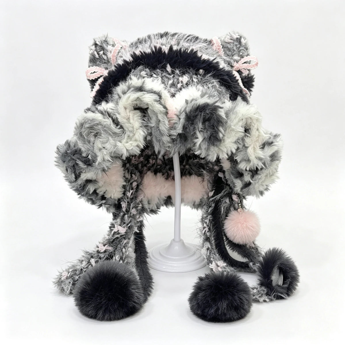 Knotwild Black Pink Ruffle Cat Ear Beanie