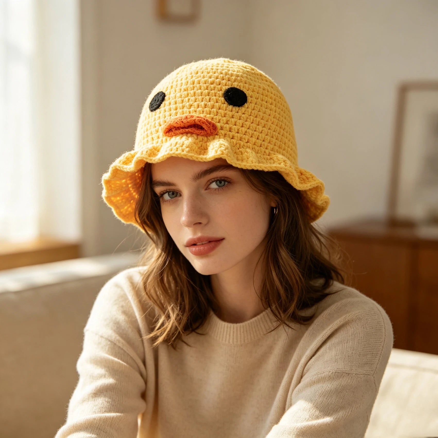 Knotwild handmade crochet duck bucket hat with ruffle brim
