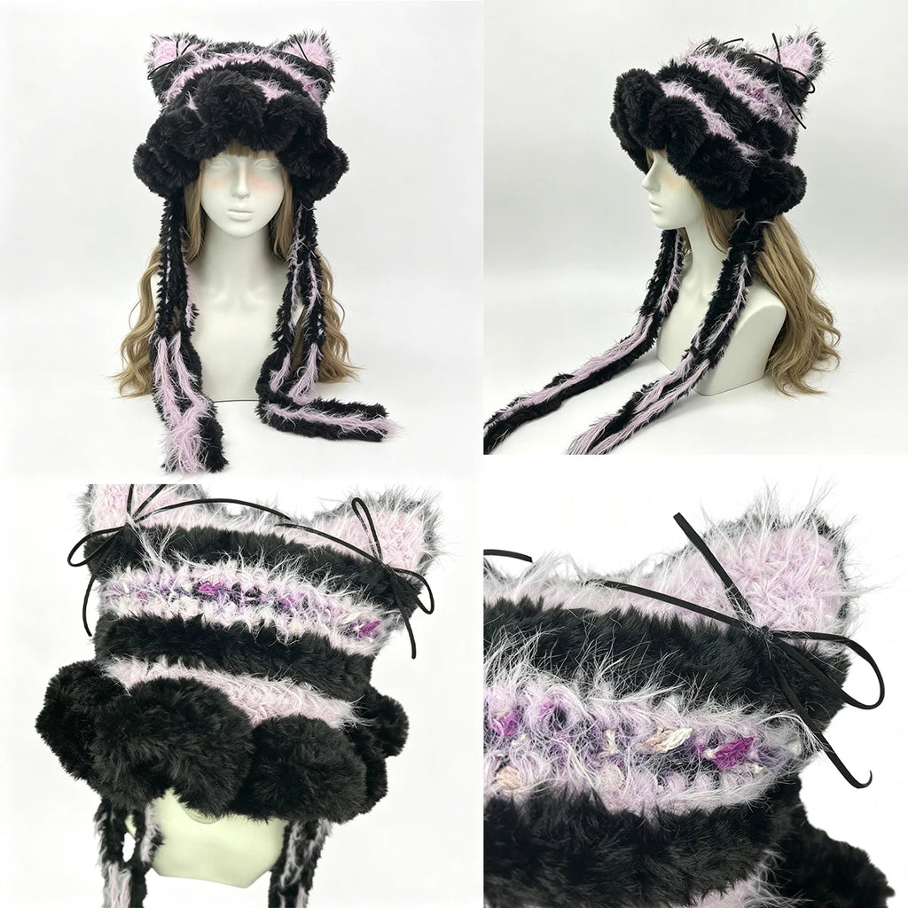 Knotwild Black Purple Striped Cat Ear Ruffle Hat