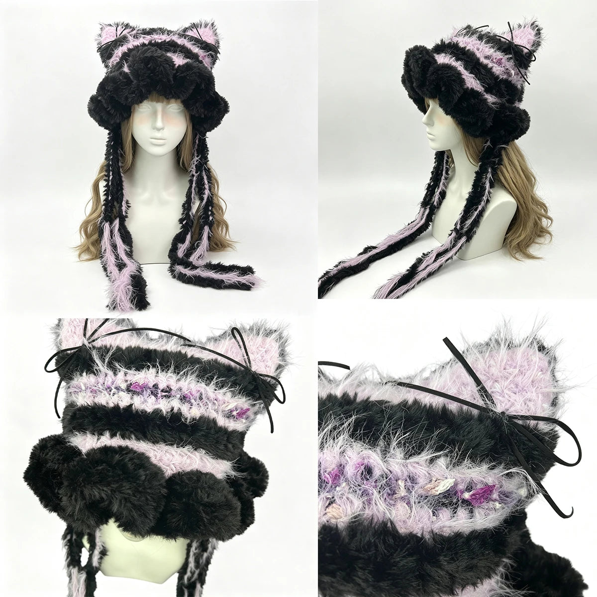 Knotwild Black Purple Striped Cat Ear Ruffle Hat