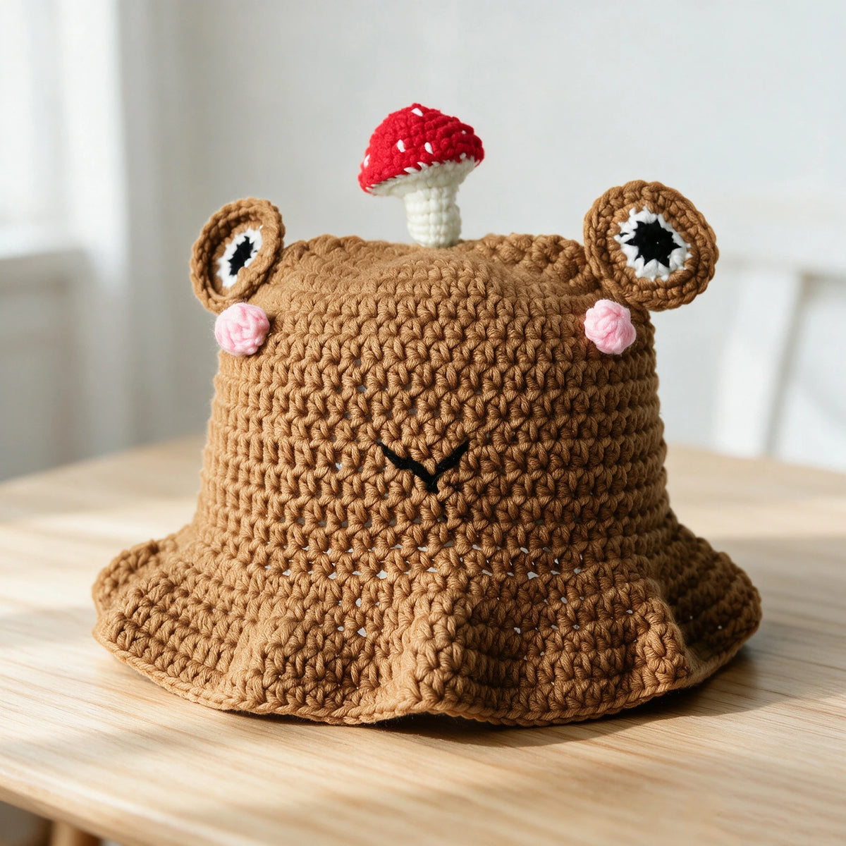 Knotwild hand-hooked crochet frog bucket hat with mushroom decor