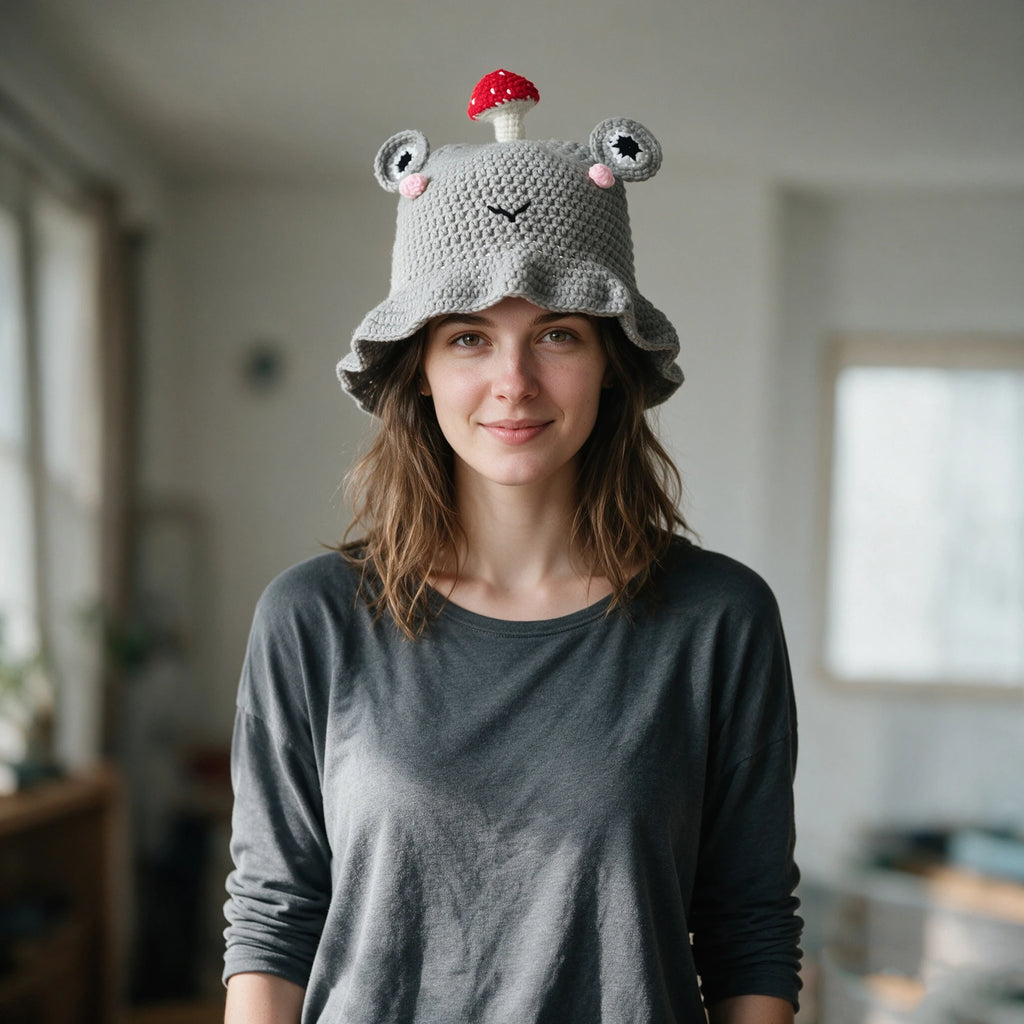 Knotwild hand-hooked crochet frog bucket hat with mushroom decor
