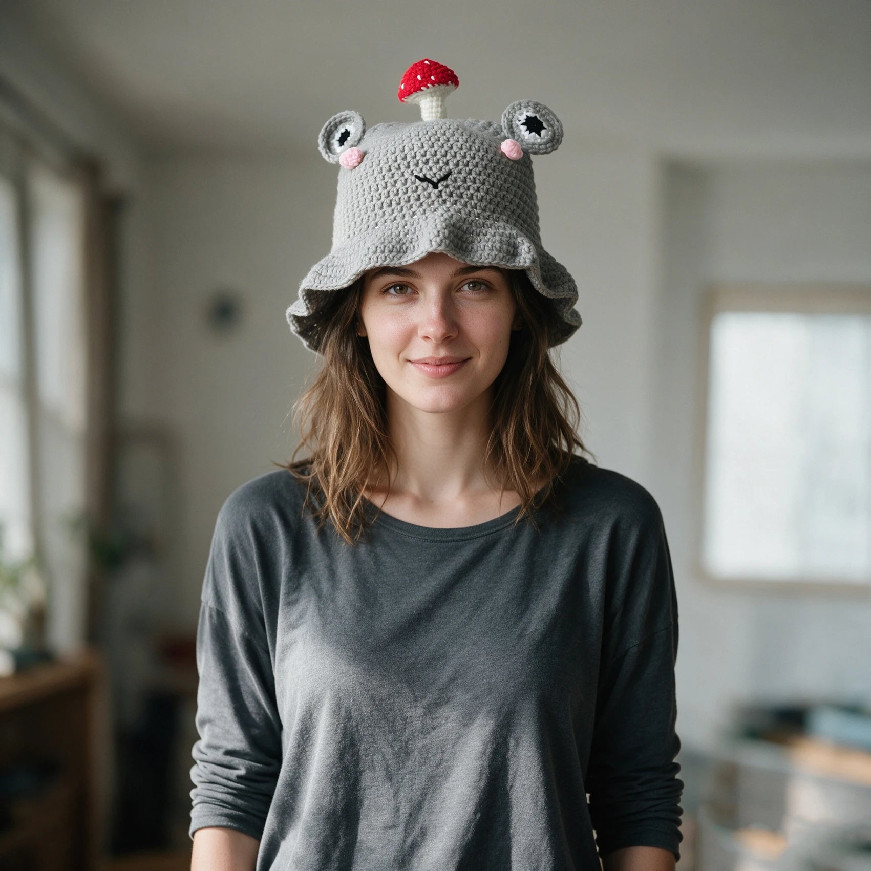 Knotwild hand-hooked crochet frog bucket hat with mushroom decor