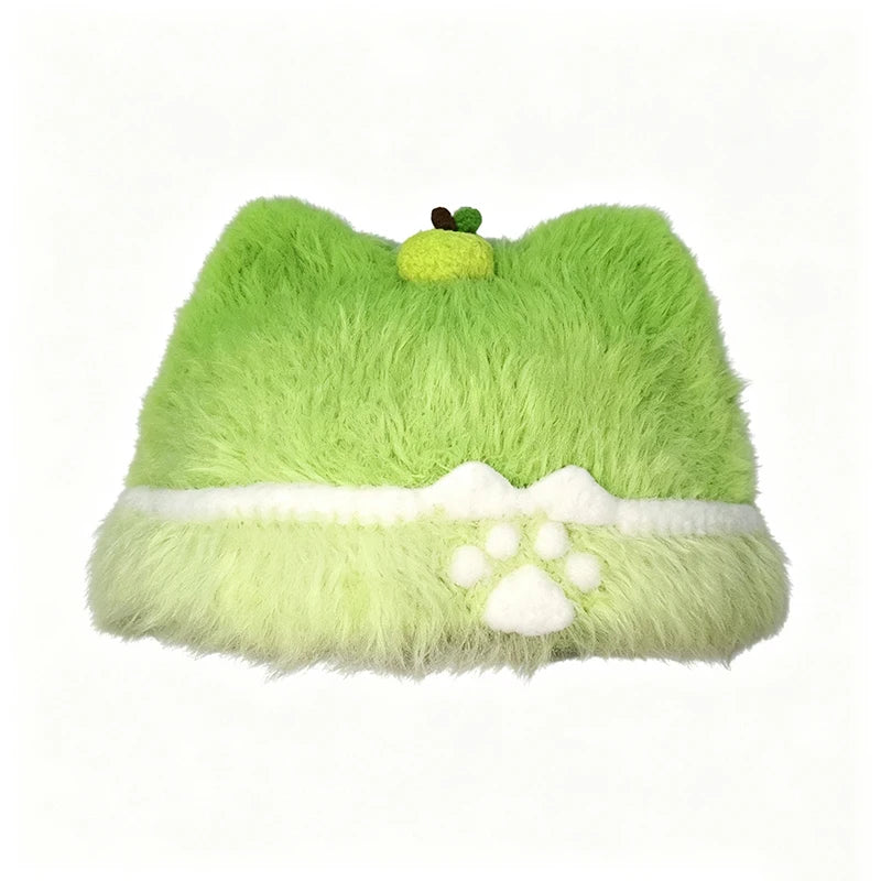 Handmade Green Cat Ear Hat Women Fuzzy Custom Crochet  Apple Claw Charm Knit Beanie Girls Winter Warm Kawaii Cosplay Cap for Pet