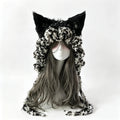 Handmade Black Grey Fox Ear Beanie Women Winter Warm Custom Crochet Plush Knit Ruffled Hat Men Gothic Cosplay Casual Unisex Caps