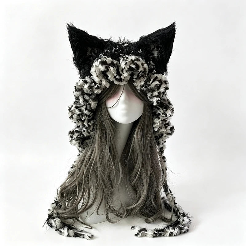 Handmade Black Grey Fox Ear Beanie Women Winter Warm Custom Crochet Plush Knit Ruffled Hat Men Gothic Cosplay Casual Unisex Caps