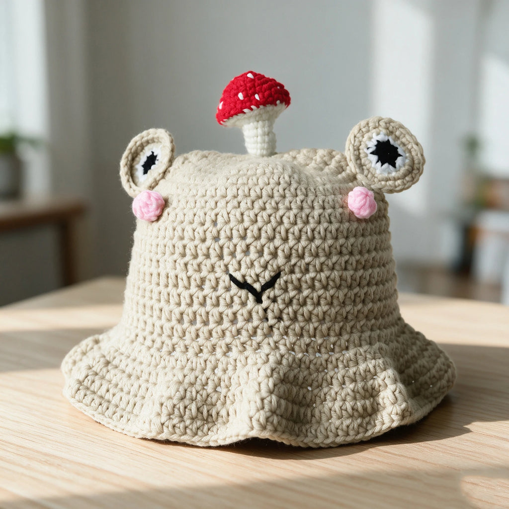 Knotwild hand-hooked crochet frog bucket hat with mushroom decor