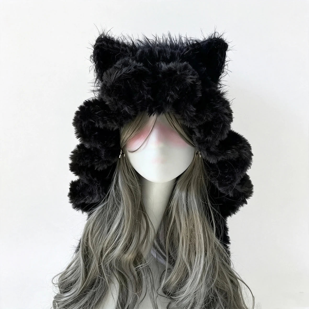 Handmade Crochet Black Cat Ear Hood Man Soft Fluffy Knitted Beanie Winter Warm Hat For Women Gothic Cosplay Dark Y2K Custom Gift