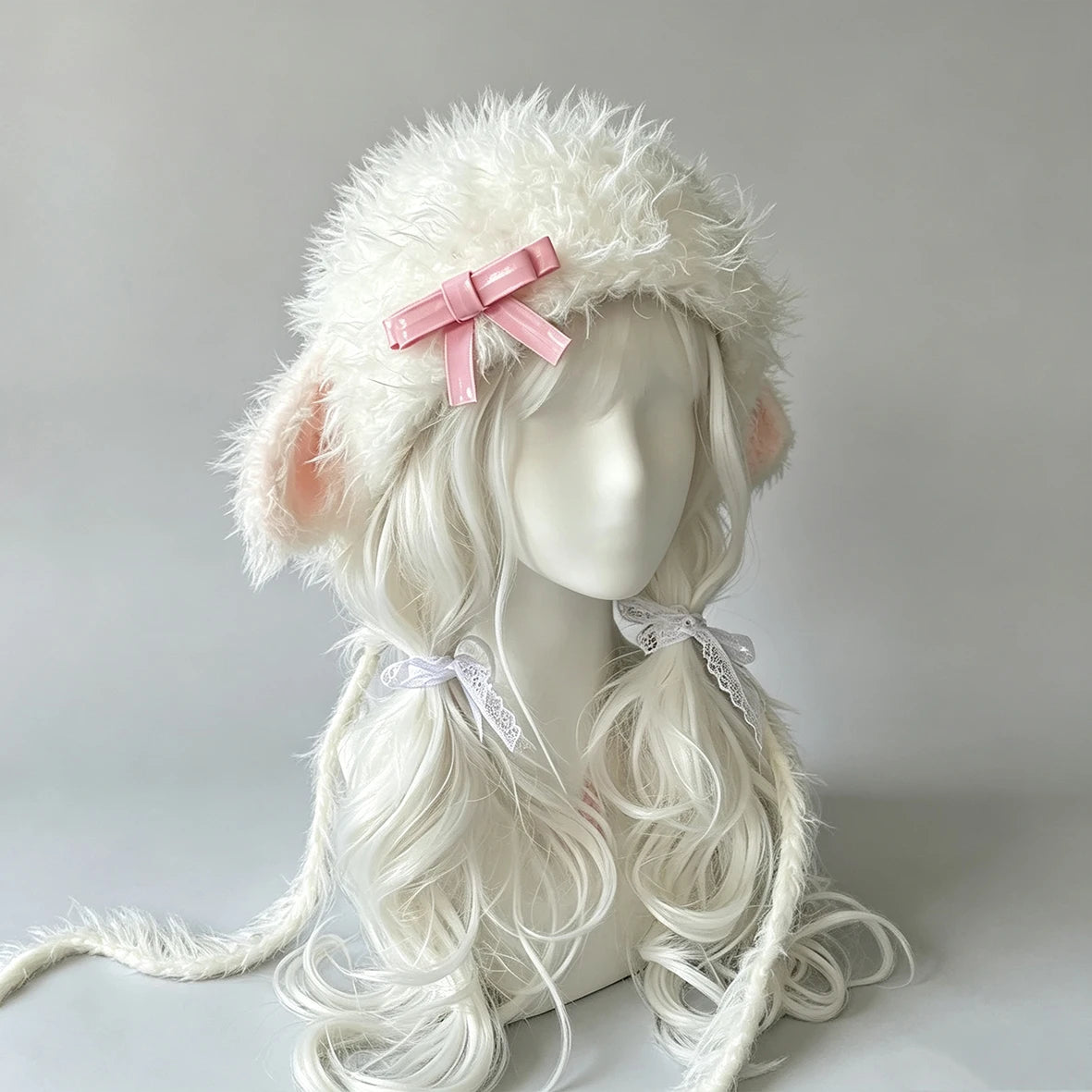 Custom Handmade Crochet White Lamb Sheep Ear Hat Women Fuzzy Bow Charm Knitted Beanie Girls Kawaii Lolita Cosplay Warm Gift