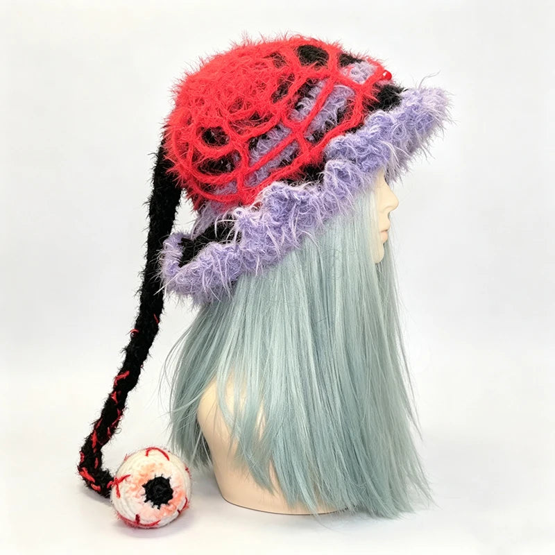 Handmade Black Purple Witch Hat Women Custom Crochet Plush Knitted Wizard Hat Men Gothic Cosplay Halloween Winter Warm Cap Boys