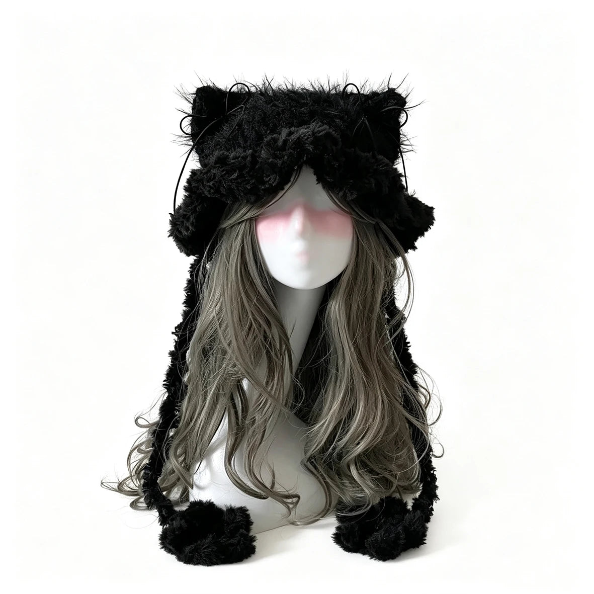 Custom Handmade Crochet Black Cat Ear Fuzzy Hat Men Winter Paw Knit Beanie Women Goth Goblincore Kawaii Casual Warm Headwarmer
