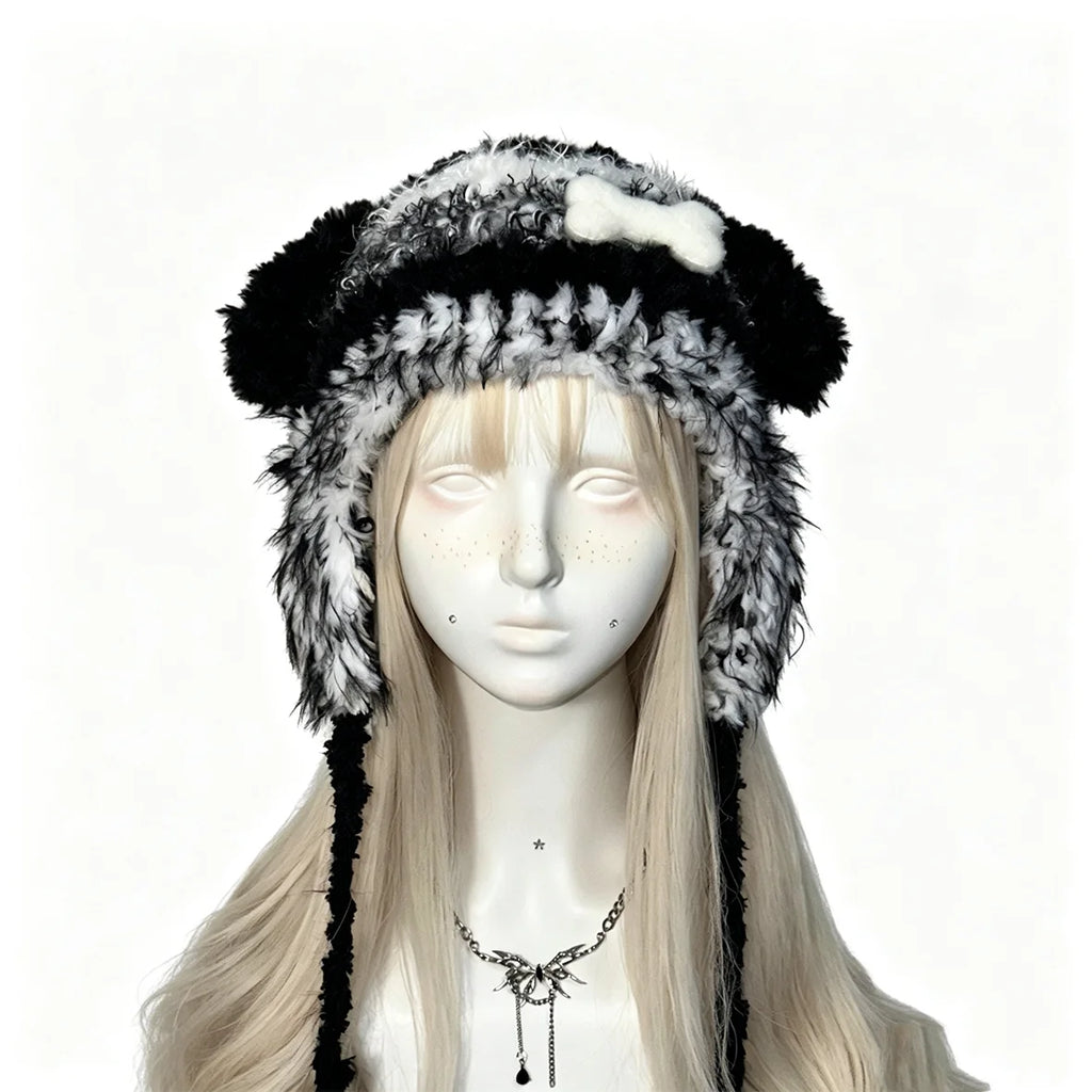 Custom Handmade Crochet Grey Puppy Ear Hat Women Soft Plush Bone Charm Knitted Beanie Men Kawaii Cosplay Winter Warm Earflap Hat