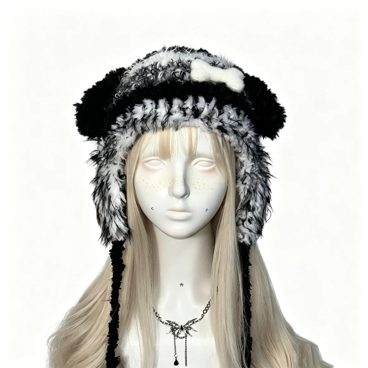 Custom Handmade Crochet Grey Puppy Ear Hat Women Soft Plush Bone Charm Knitted Beanie Men Kawaii Cosplay Winter Warm Earflap Hat