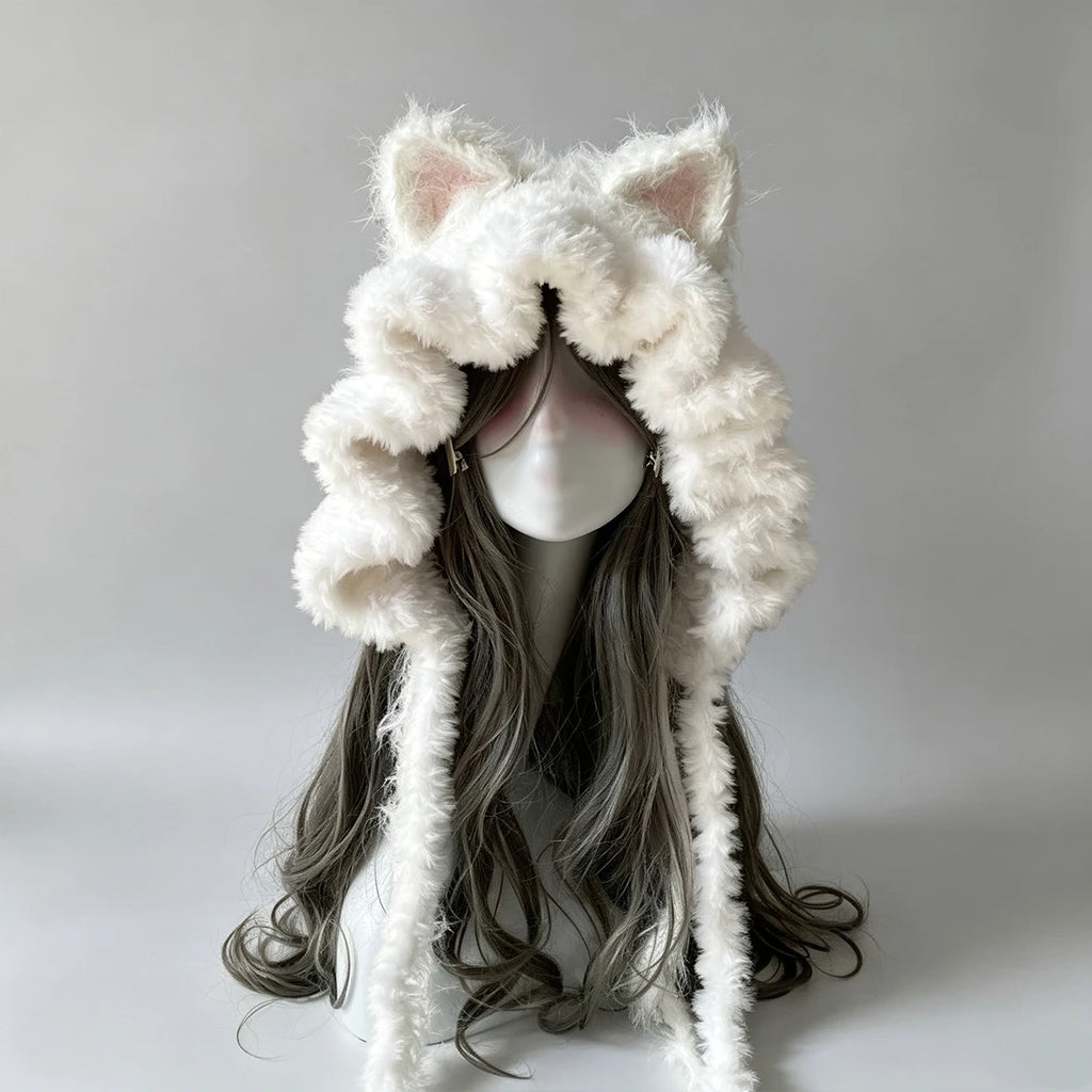 Handmade White Cat Ear Crochet Beanie Women Fuzzy Ruffled Knit Winter Hat Kawaii Fairycore Goblincore Animal Ear Custom Hood
