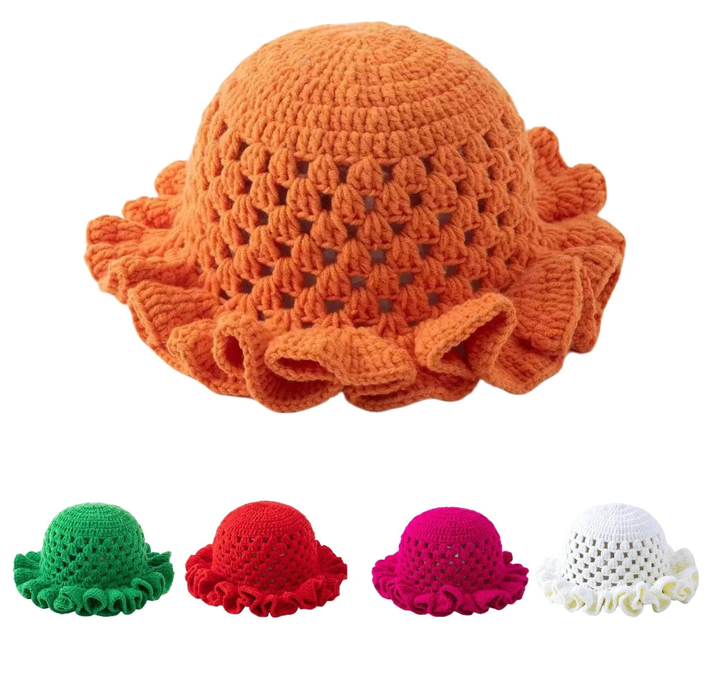 Knotwild ruffle solid-color bohemian hollow-out crochet dome hat